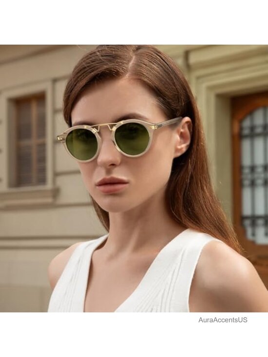 Double Bridge Brown Acetate Sunglasses Polarized Retro Metal Brow Lady Round main image 6